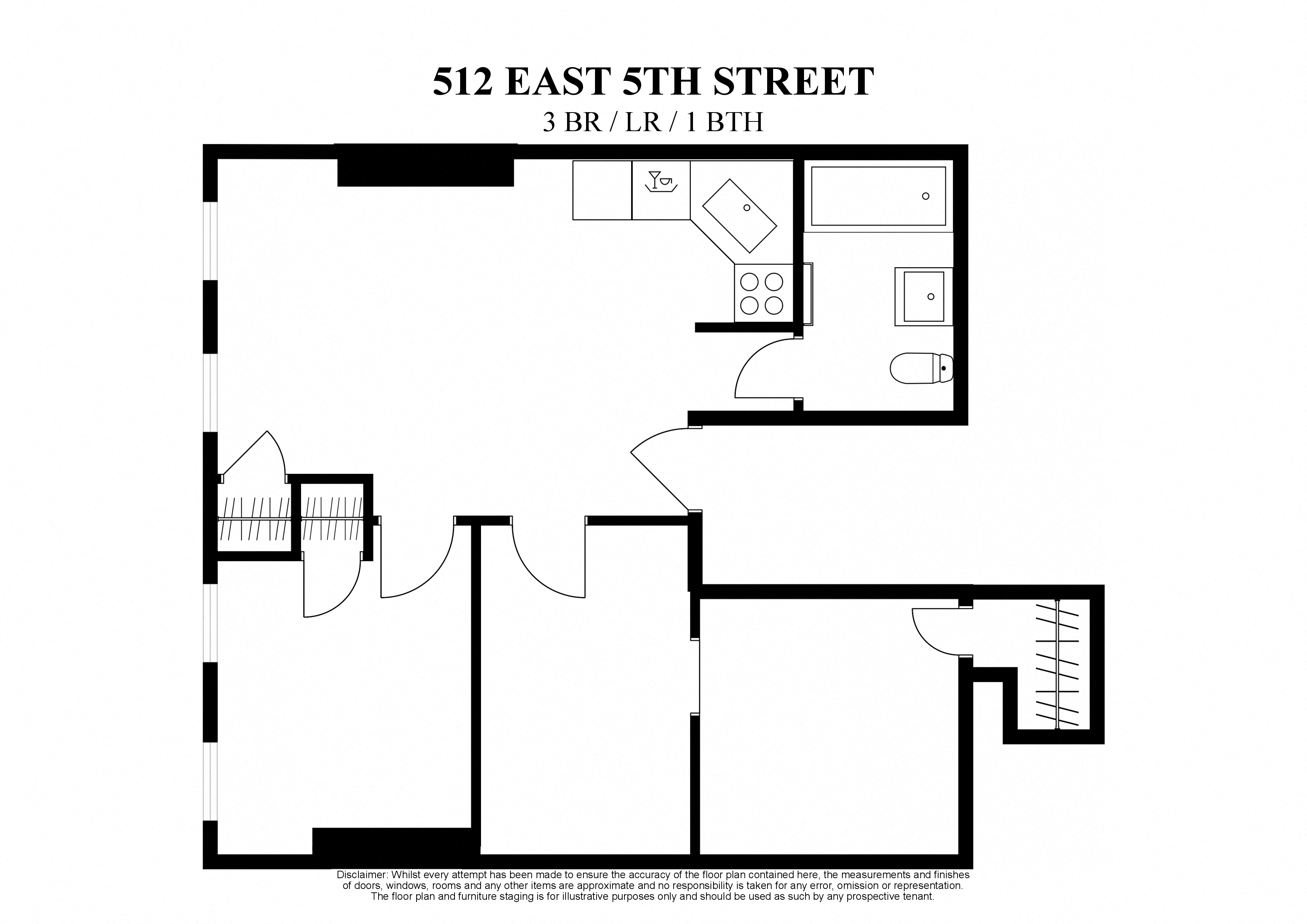 Floor plan for 3 beds, 1 bath, 400 sqft